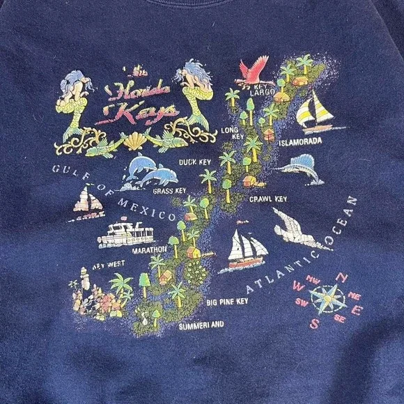Vintage Jerzees Florida‎ Keys Mermaids Map Sweatshirt Navy Blue Large Womens - Picture 2 of 5
